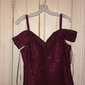 Merlot Off the Shoulder Glitter Lace Gown
